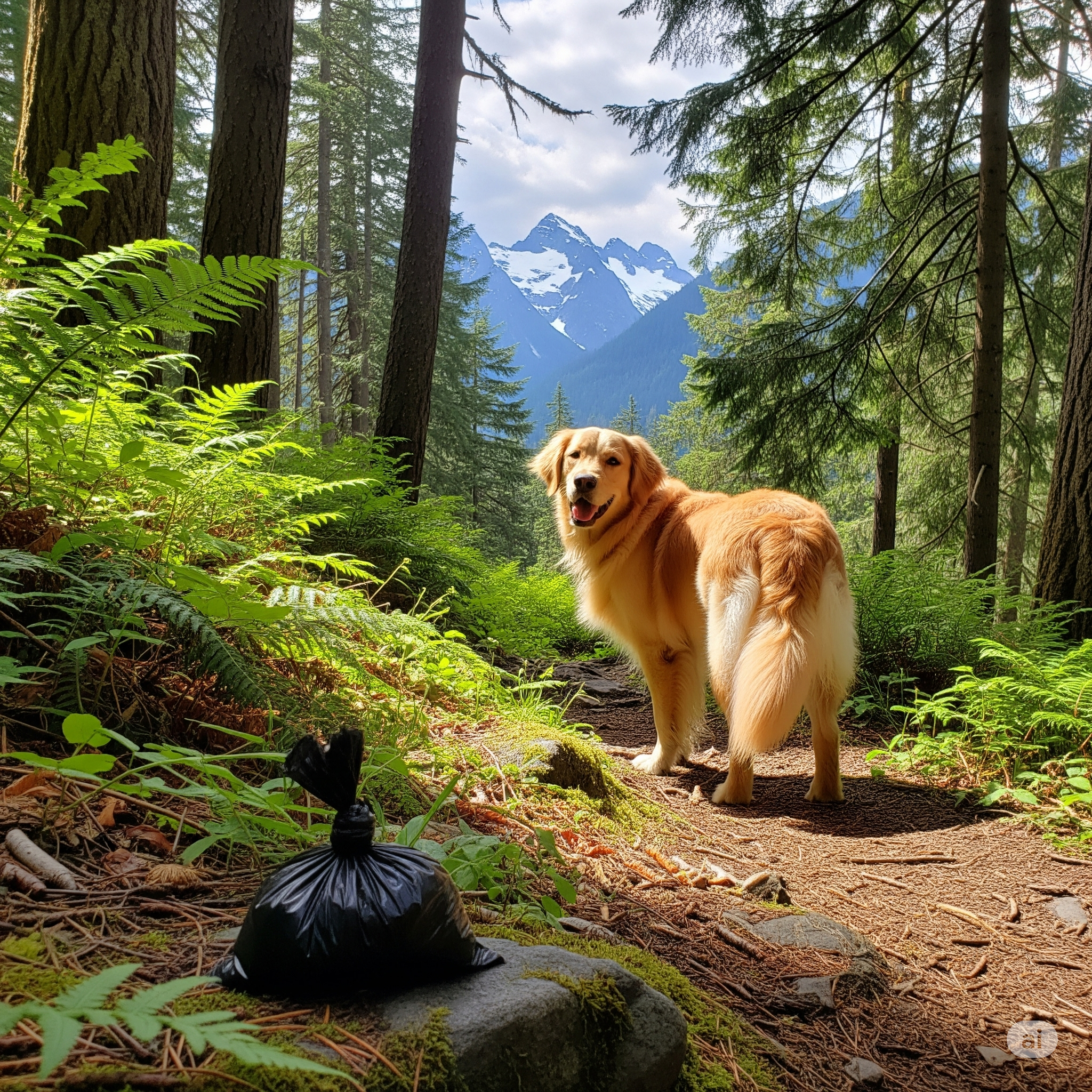 Dog on hike with poop bag forgotten on trail